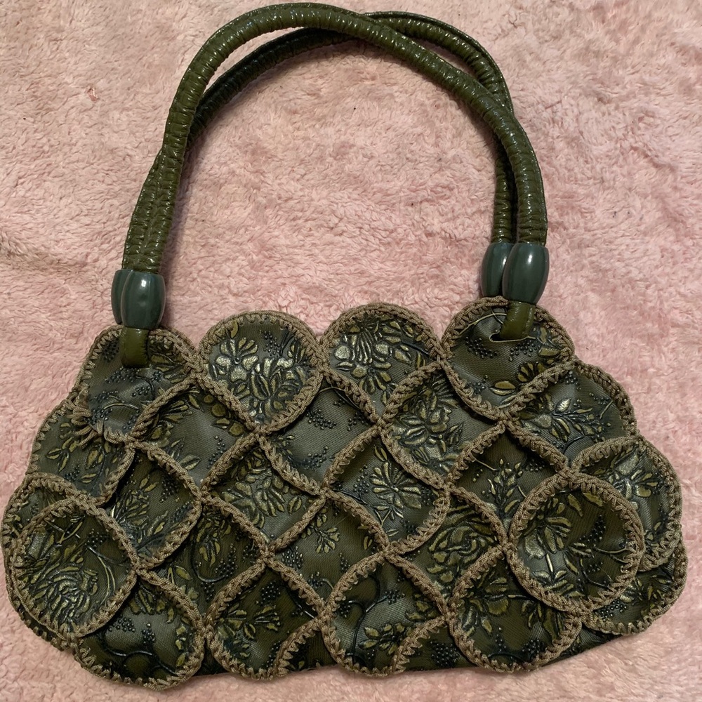 olive green crocheted vintage shoulder bag